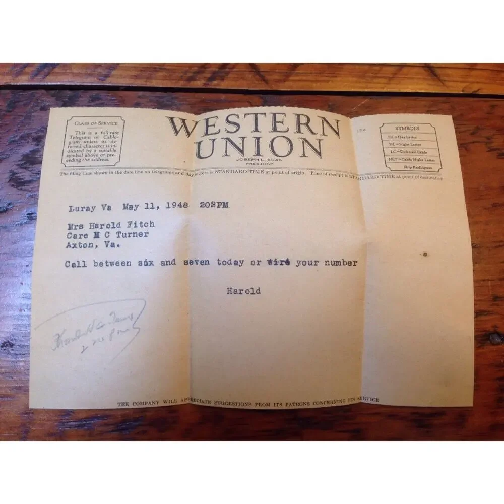 Lot 3 1948 Western Union Telegrams Luray Axton Virginia Harold Margaret Fitch